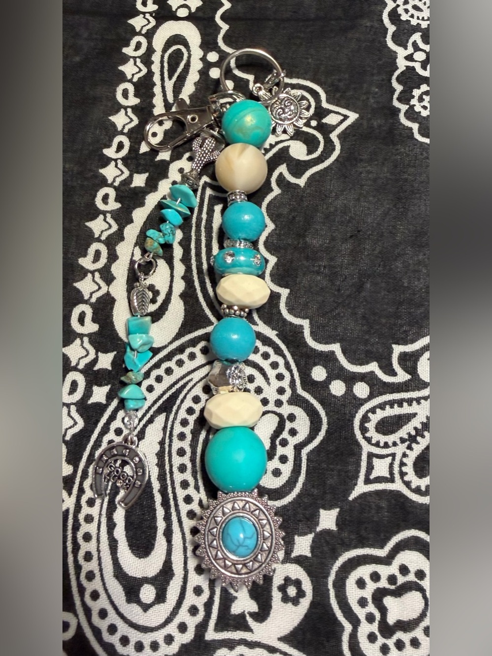 Turquoise and Cream Beaded Pendant with Silver Accents